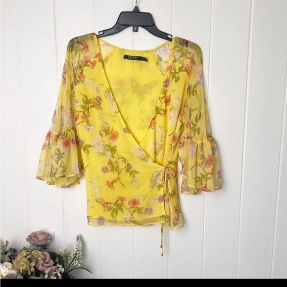 Ralph Lauren Yellow Printed Bell Sleeve Blouse - Picture 2 of 11